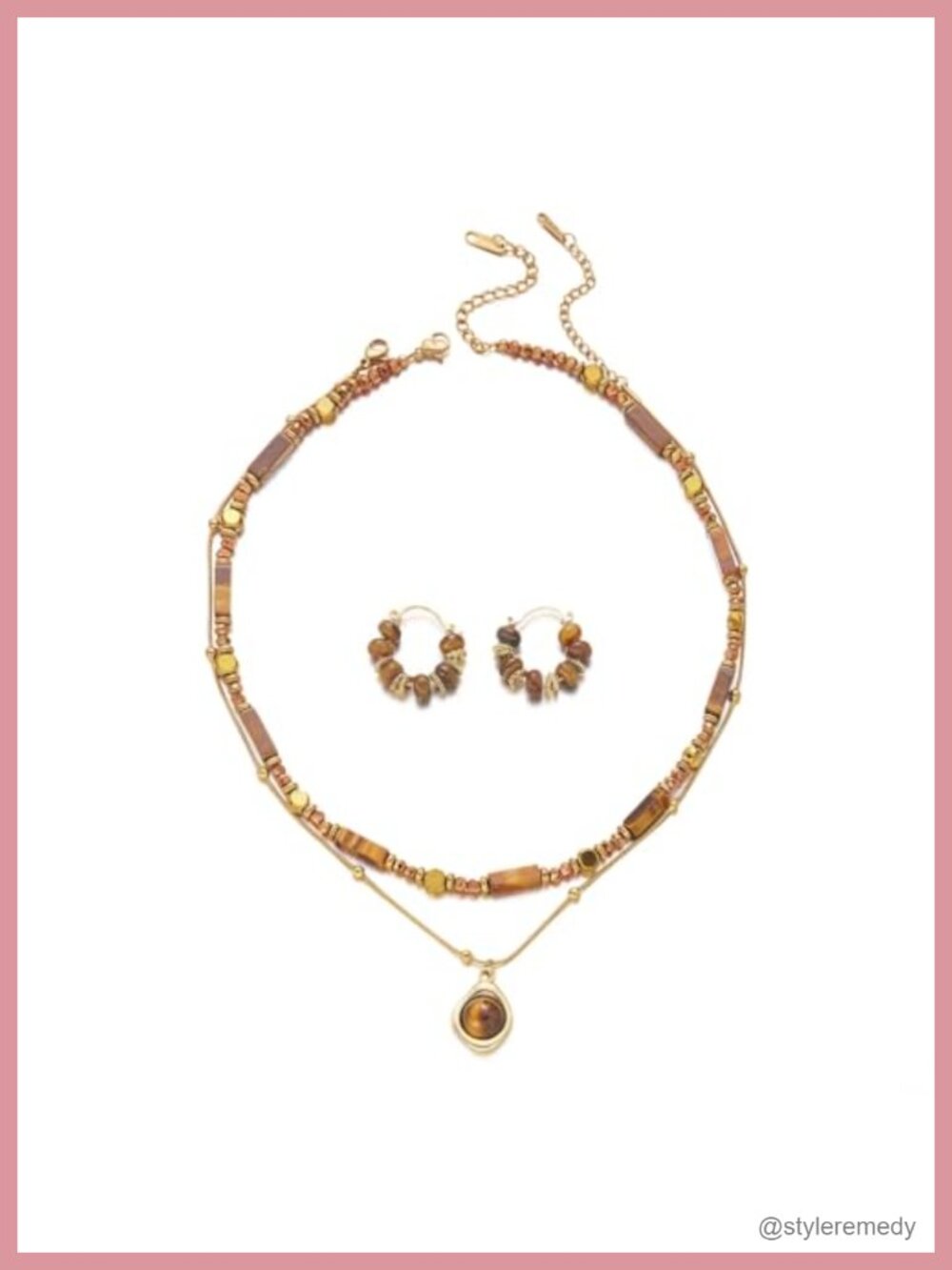 18k Gold Plated Tiger Eye Necklace Earrings Set Stainless Steel Chunky Boho